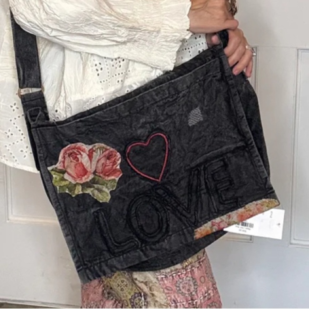 Boho black denim LOVE Embroidered Shoulder Bag